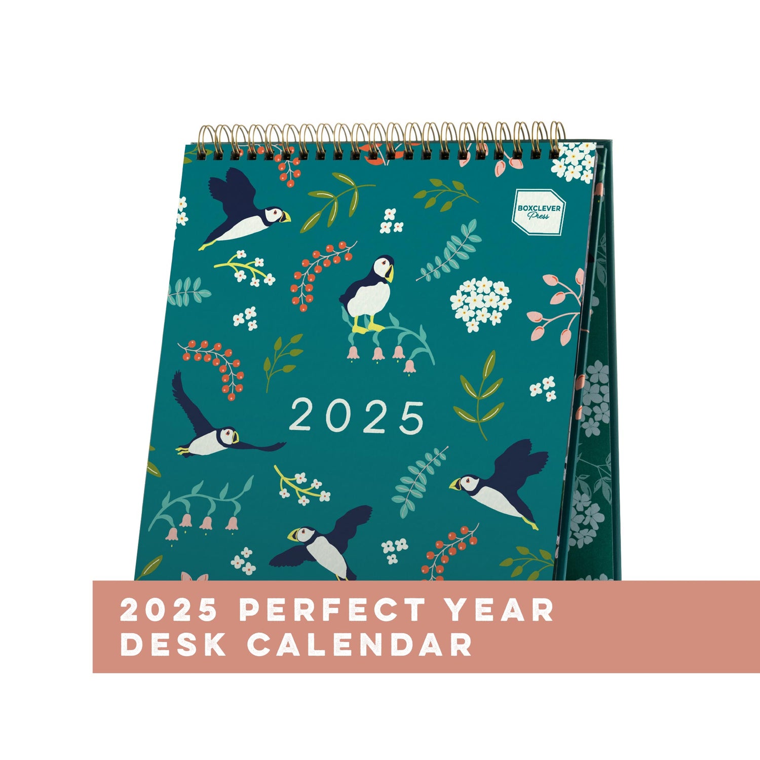 Boxclever Press Perfect Year Desk Calendar 2025 with a green background and Puffin design. 