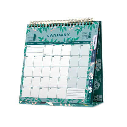 January calendar page showing a leaf pattern, with note space, shaded weekends and monthly side tabs.