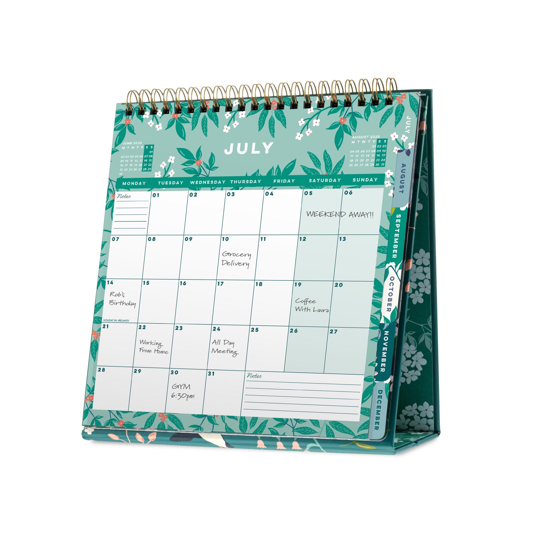 July calendar page showing a leaf pattern, with appointments, shaded weekends and monthly side tabs.