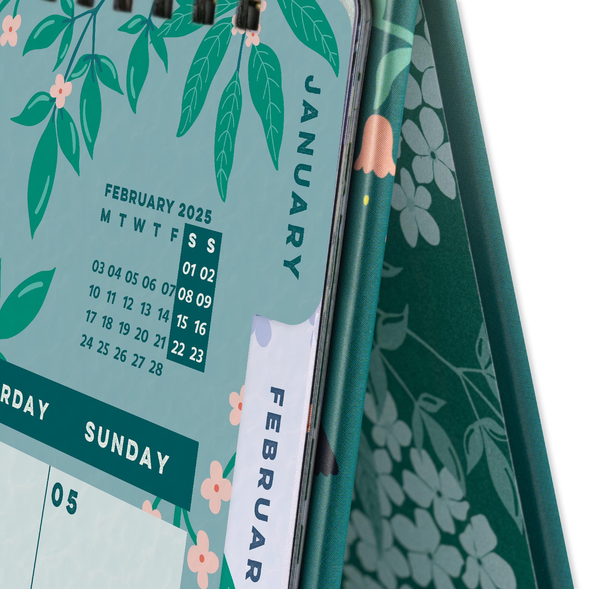 A close up of the monthly side tabs showing January and February.