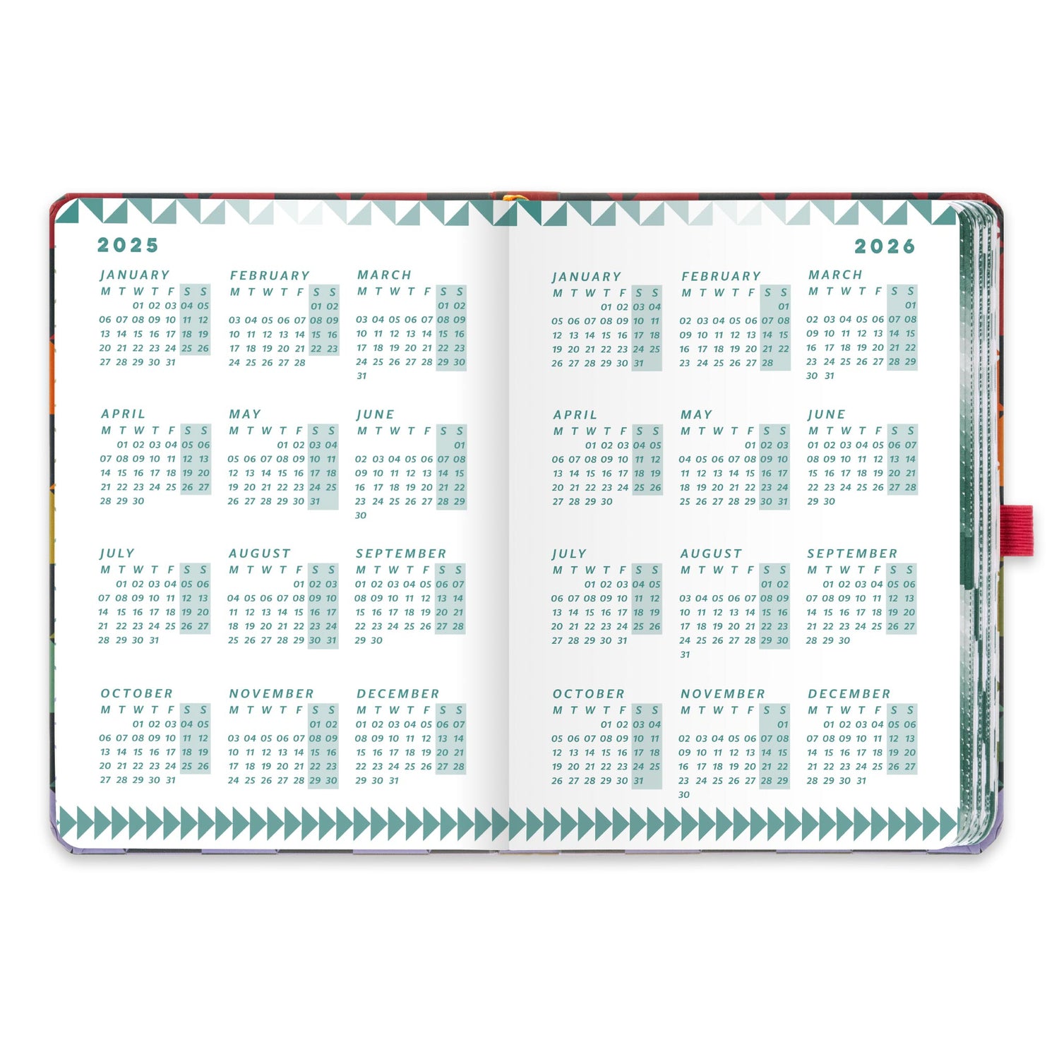 Open page spread showing year to view micro calendars for 2025 and 2026.