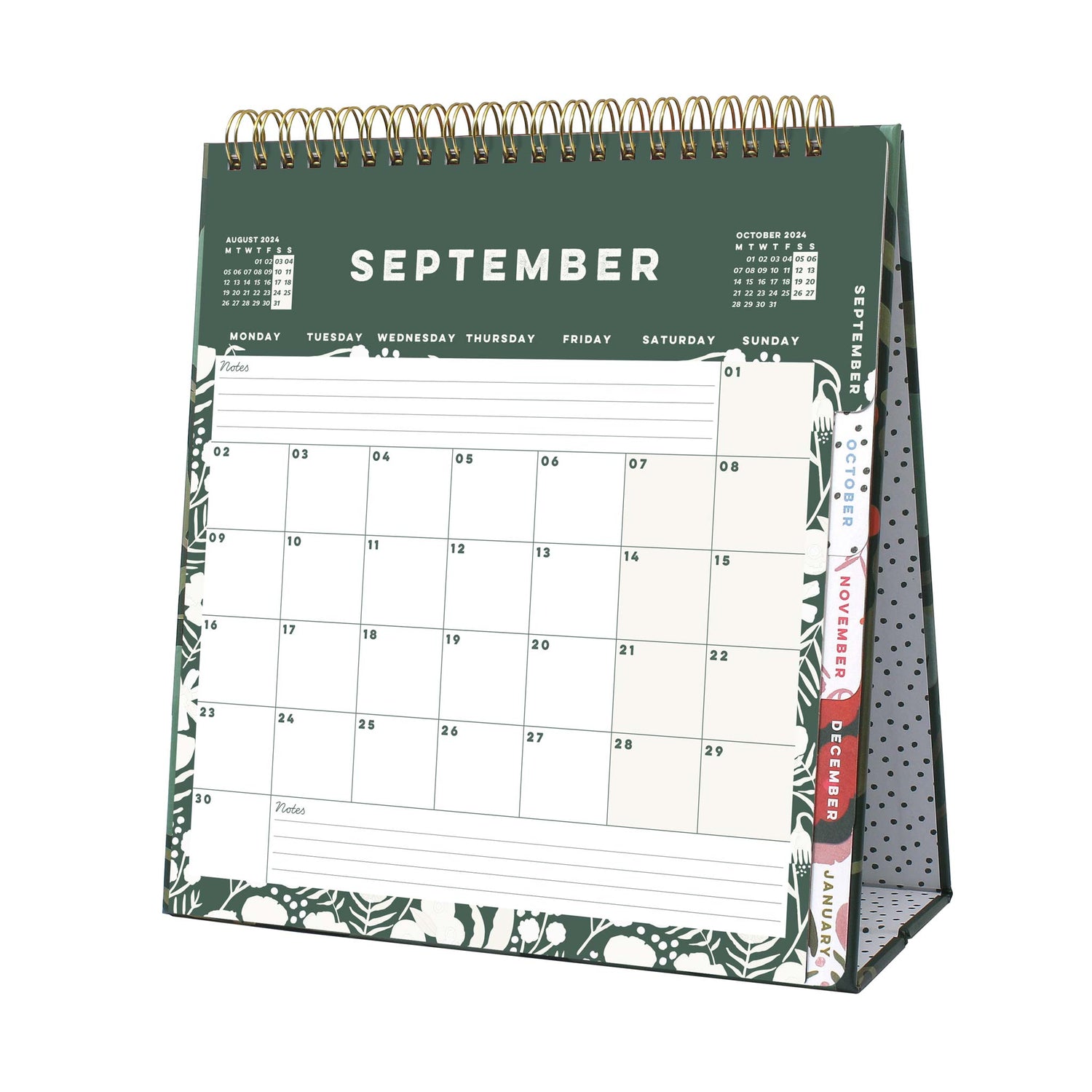 An open desk calendar page for September in dark green