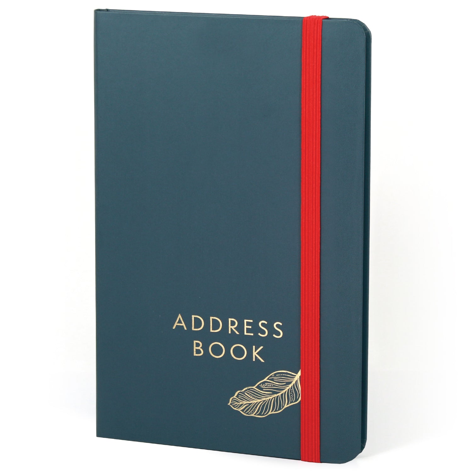 Small address book with a blue cover and a gold leaf design. 