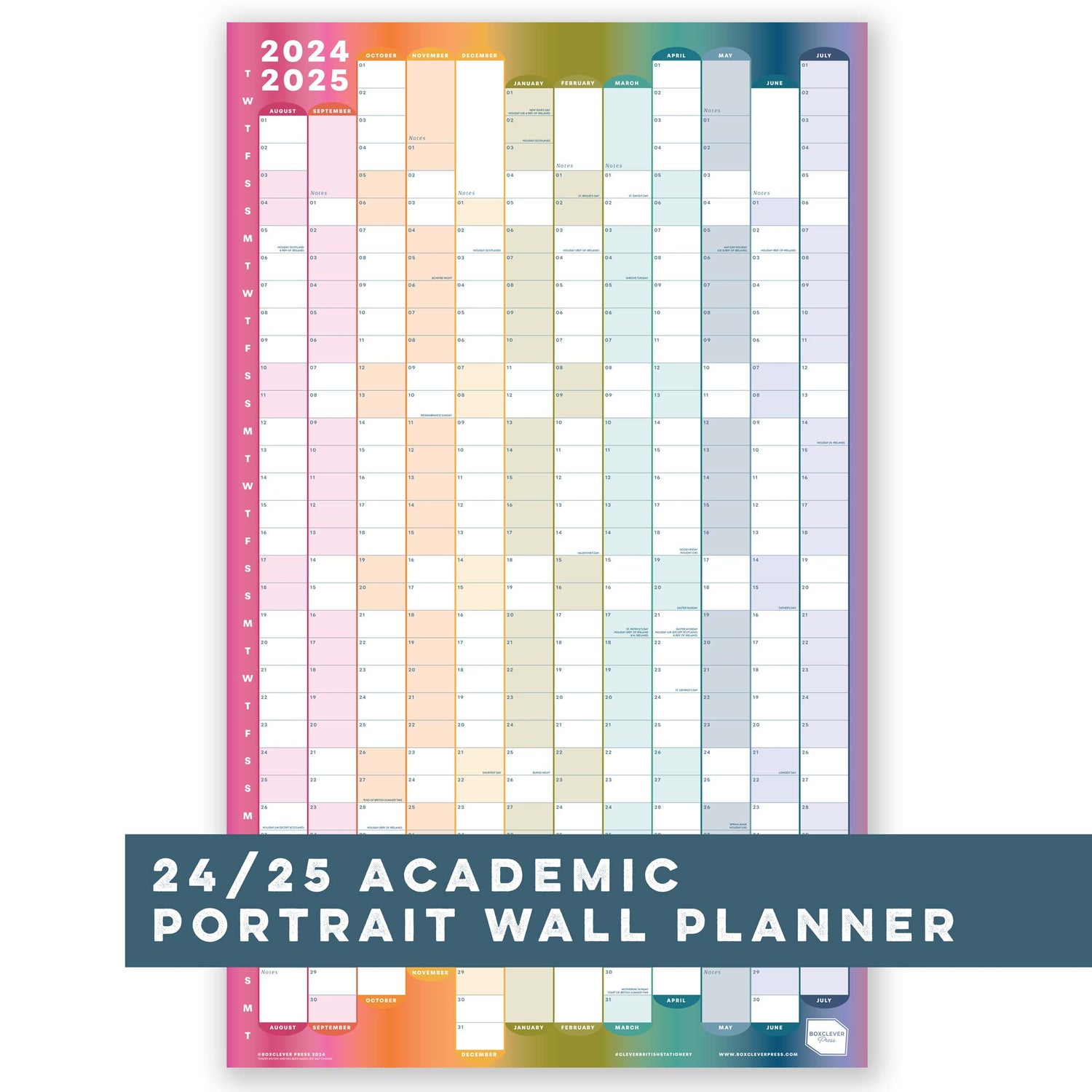 Academic Portrait Wall Planner 24/25 (Rainbow) | Non-Laminated &amp; Laminated