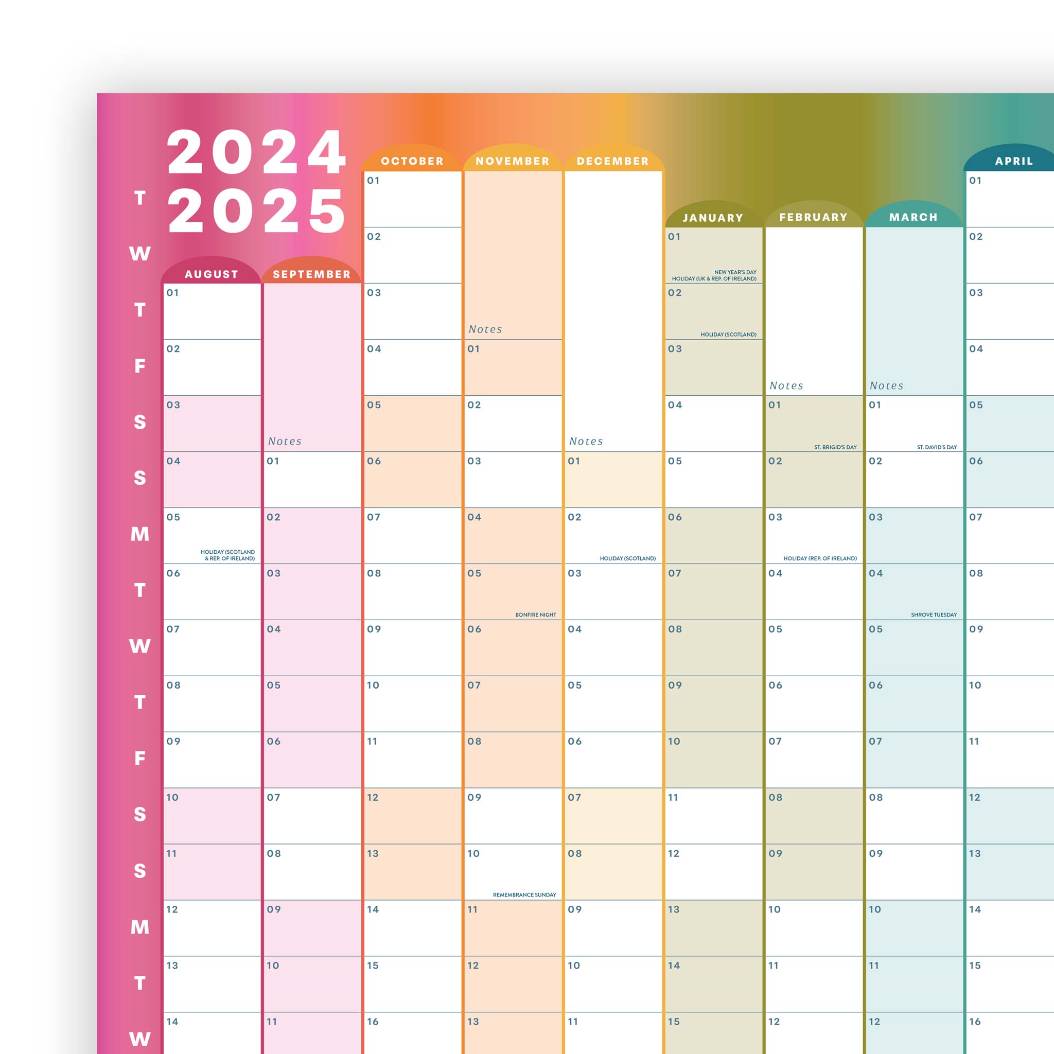 The top of a wall planner showing 2024/2025, linear lines for each date and shaded weekends