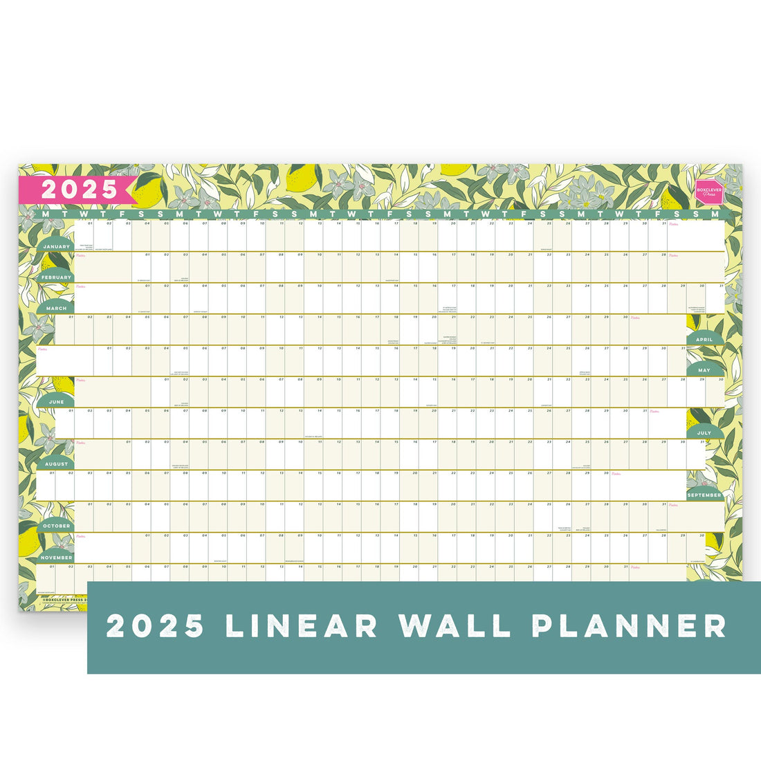 Boxclever Press Linear Wall Planner 2025 with a lemon and leaf pattern.
