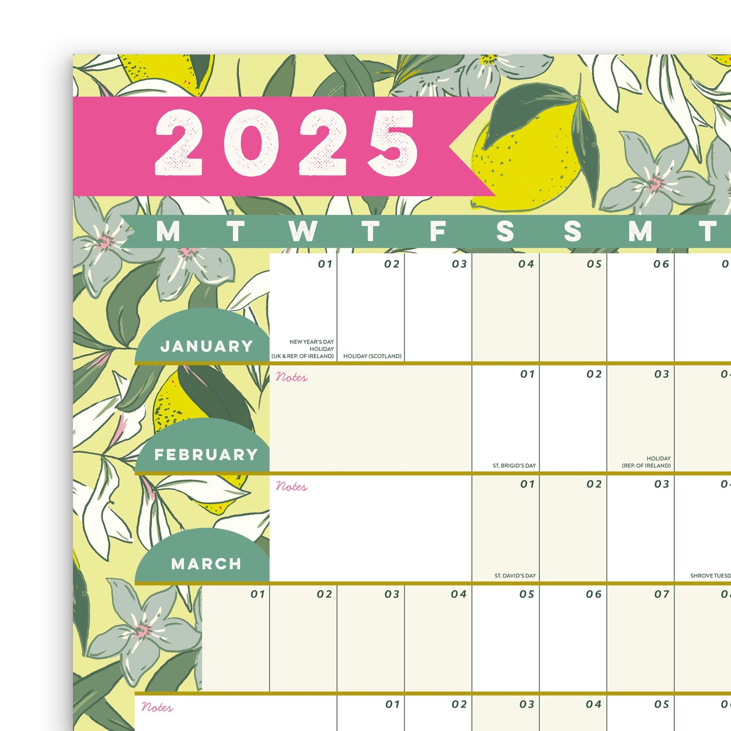 Annual wall planner showing the top left corner, linear lines for each date and shaded weekends.
