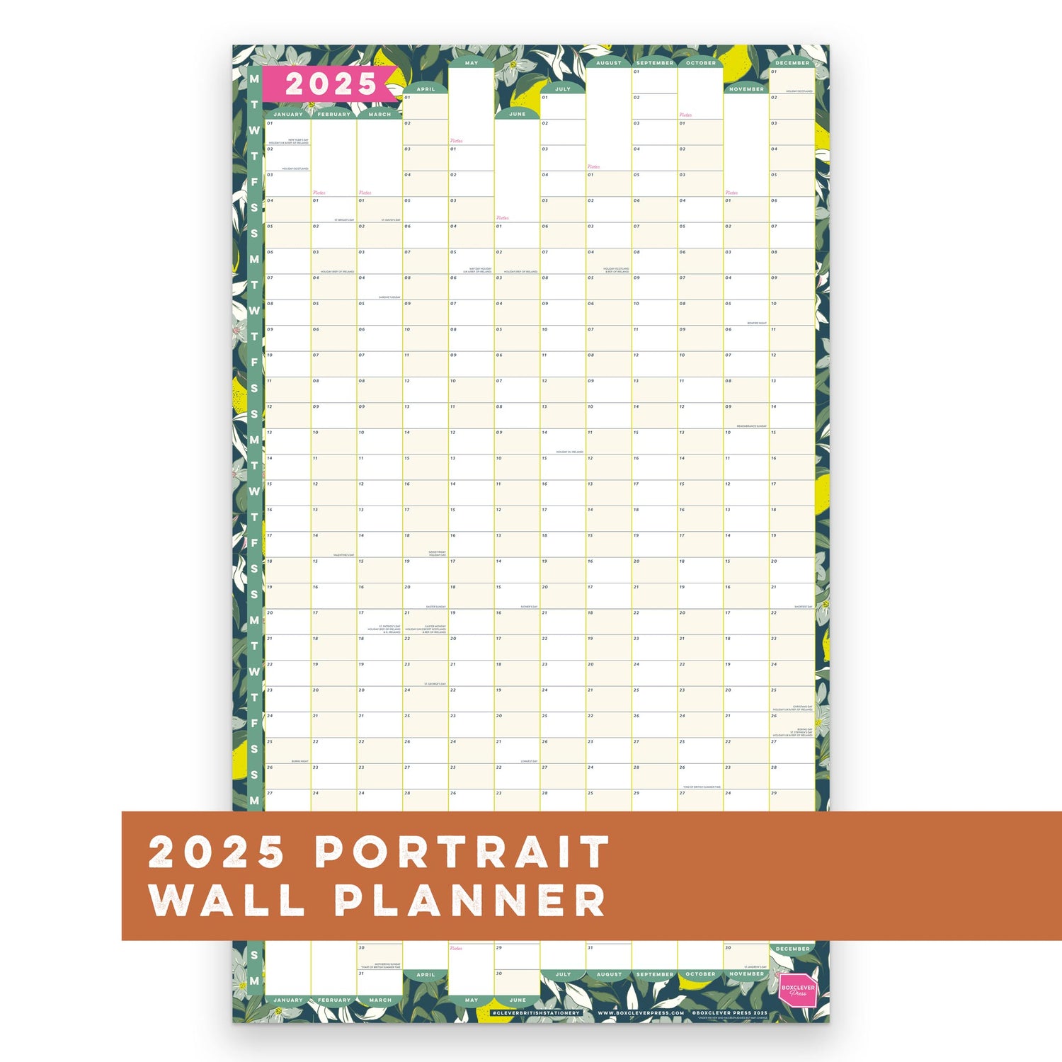 Boxclever Press Portrait Wall Planner 2025 with a lemon and leaf pattern.
